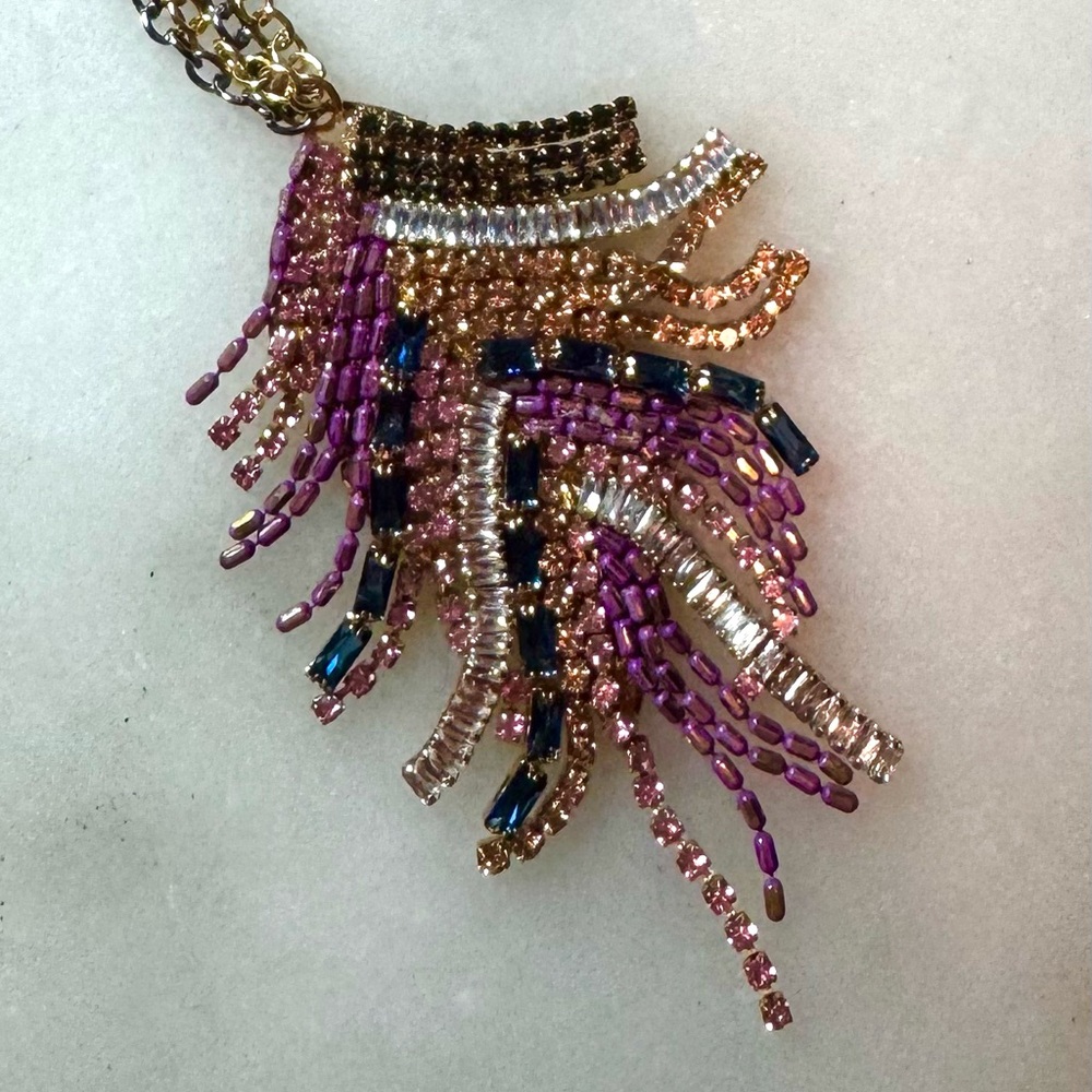 Natasha Couture Purple and Gold Beaded Feather Necklace:Earring Set, NWT